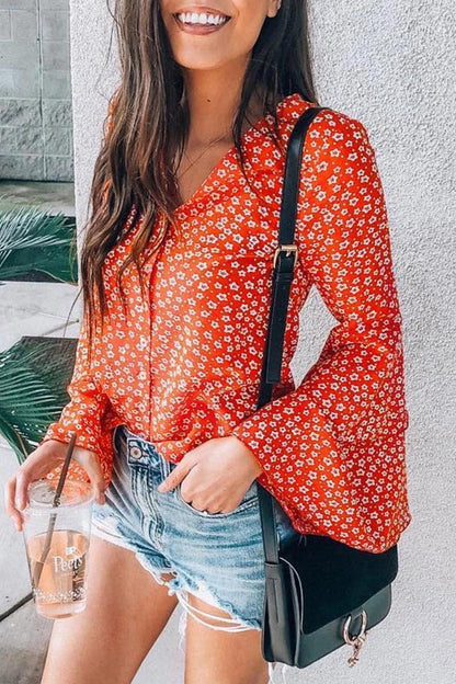 V Neck Floral Printed Flared Sleeve Blouse