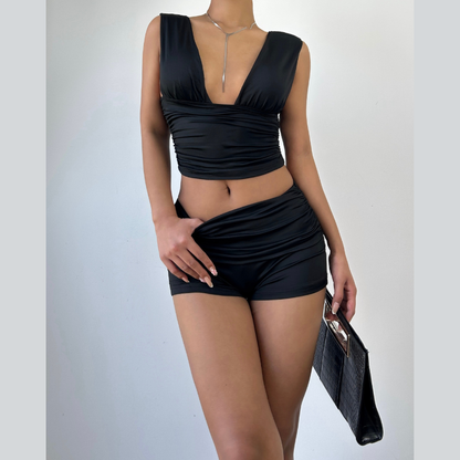 V neck ruched solid short pant set  | Festival Outfits Women