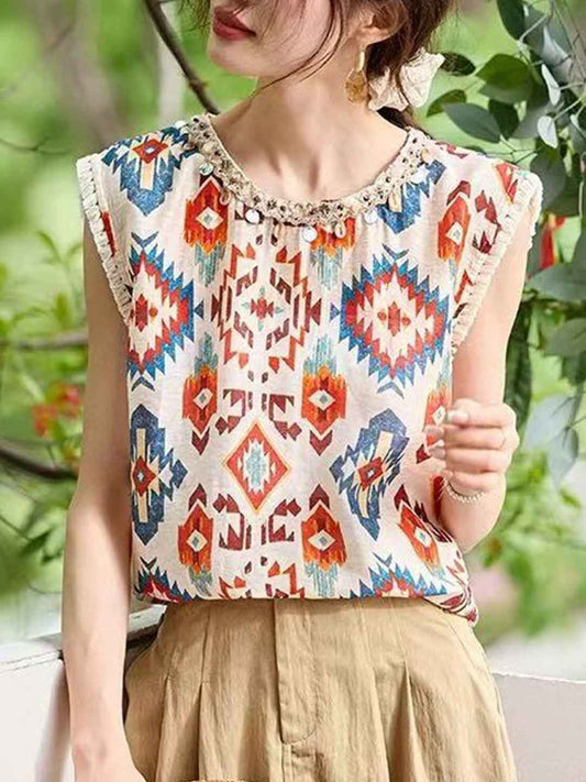 Melanie Vintage Crew Neck Printed Vest