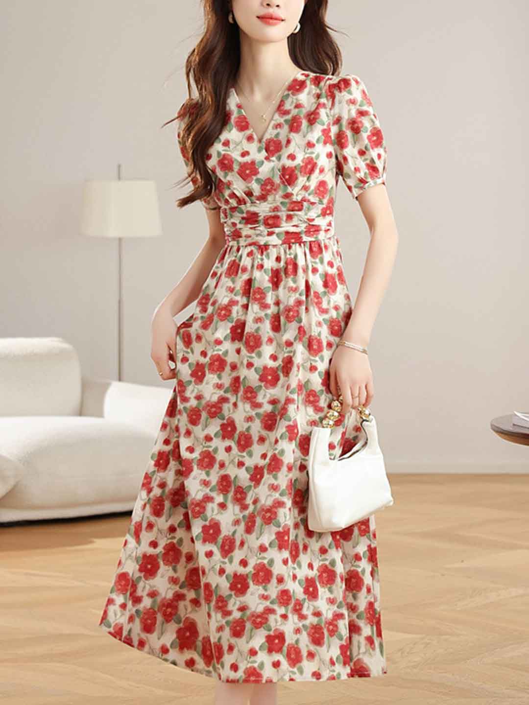 Payton Retro V-Neck Puff Sleeve Floral Printed Dress