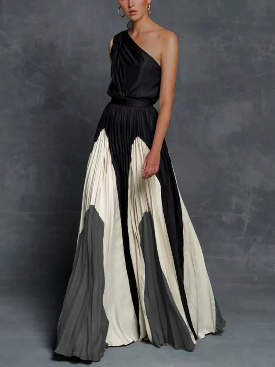 Printed Loose-fit One-shoulder Long Dress