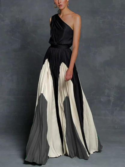 Printed Loose-fit One-shoulder Long Dress