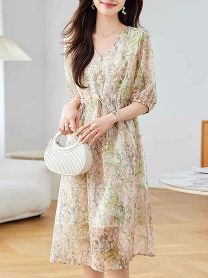 Maria Classic V-neck Lantern Sleeve Chiffon Printed Dress