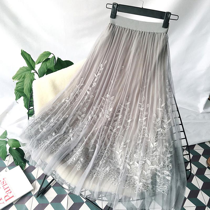 Floral Embroidery A Line Tulle Mesh Pleated Skirt