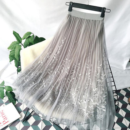 Floral Embroidery A Line Tulle Mesh Pleated Skirt