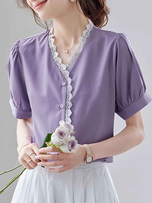 Zoey Chic V-Neck Solid Color Chiffon Top