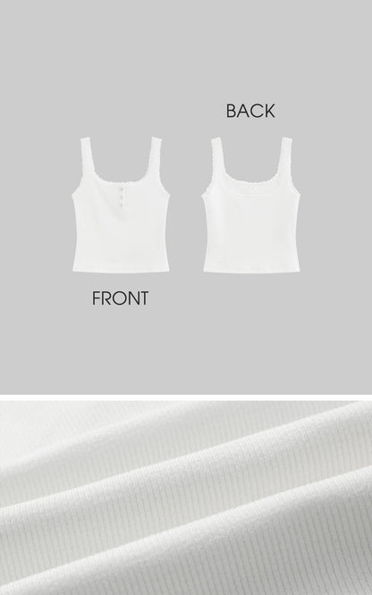 Ribbed Tank Top with Lace and Button Details