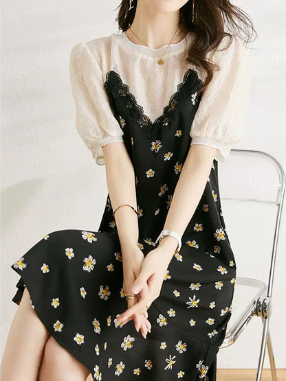 Maria Chic Crew Neck Ruffled Floral Chiffon Dress