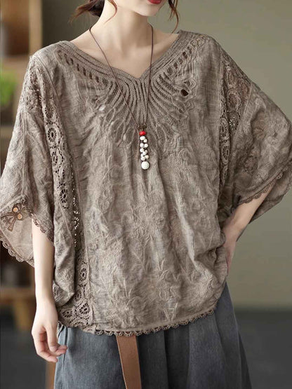 Maya Loose V-Neck Hollowed Crochet Top