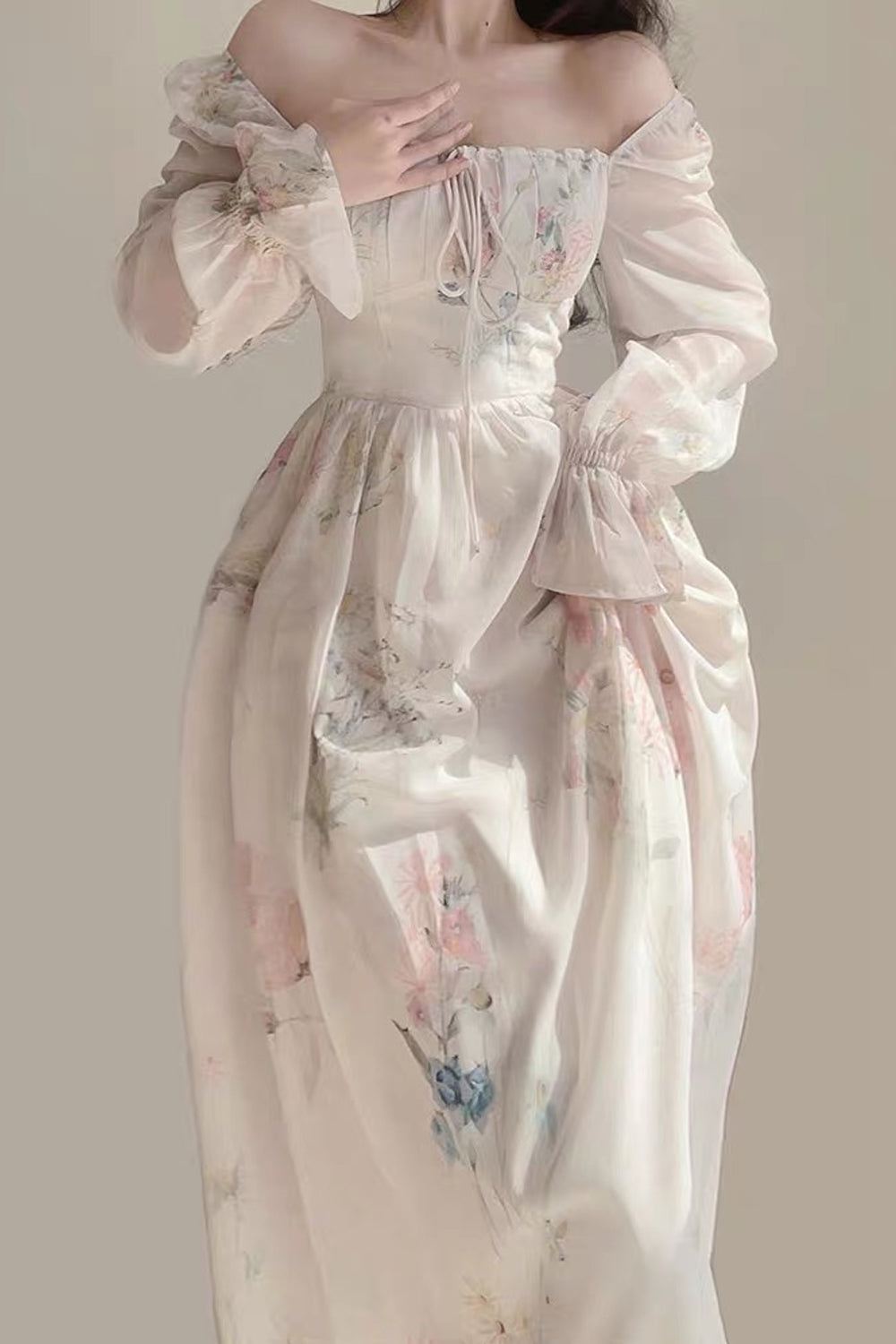 Long Sleeve Retro Floral Pattern Long Dress