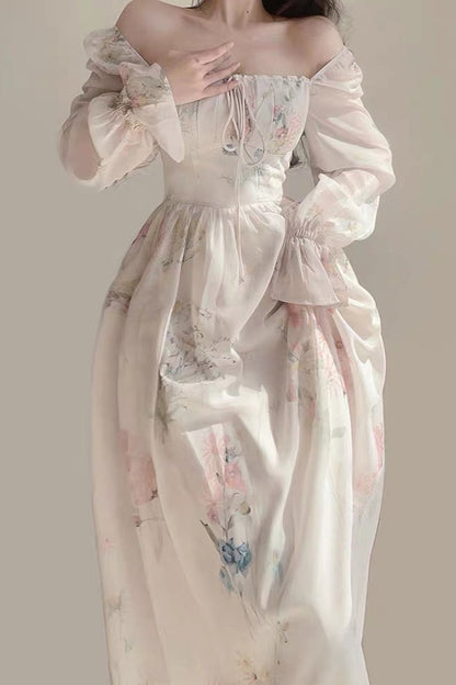 Long Sleeve Retro Floral Pattern Long Dress