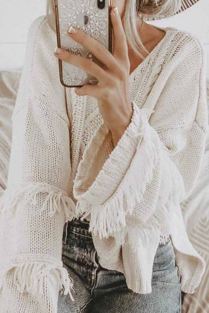 Solid Color Knitted Tassel Sweater