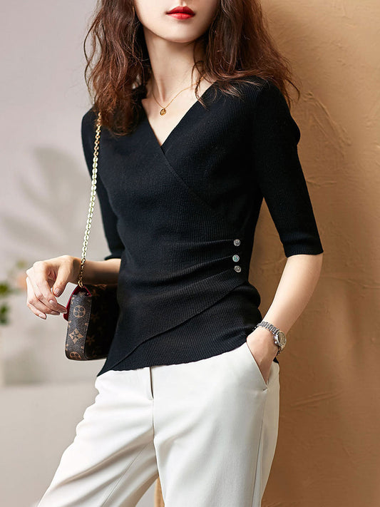 Jocelyn Casual V-Neck Solid Color Knitted Top-Black