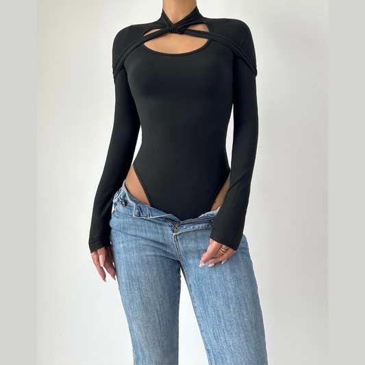 Long sleeve hollow out crewneck button bodysuit  | Festival Outfits Women
