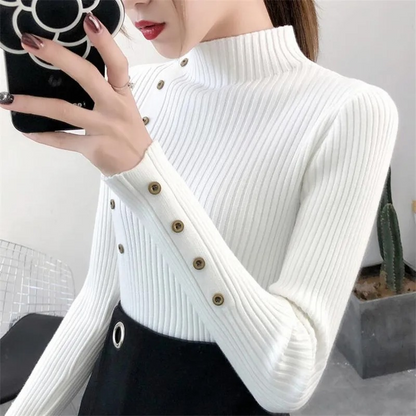 Jersey de cuello alto ajustado de punto elástico para mujer con botones | Ideal para otoño/invierno