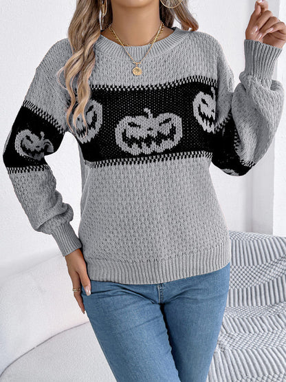 Suéter de punto con cuello redondo y bloques de color con cabeza de calabaza de Halloween 