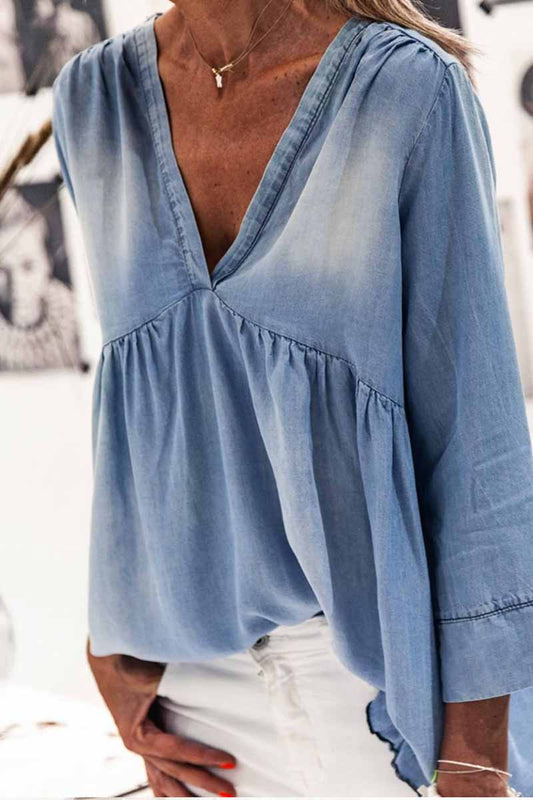 Denim Ruched Long Sleeve Casual Top