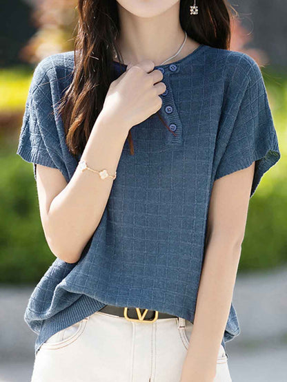 Maya Loose Crew Neck Plaid Knitted Top