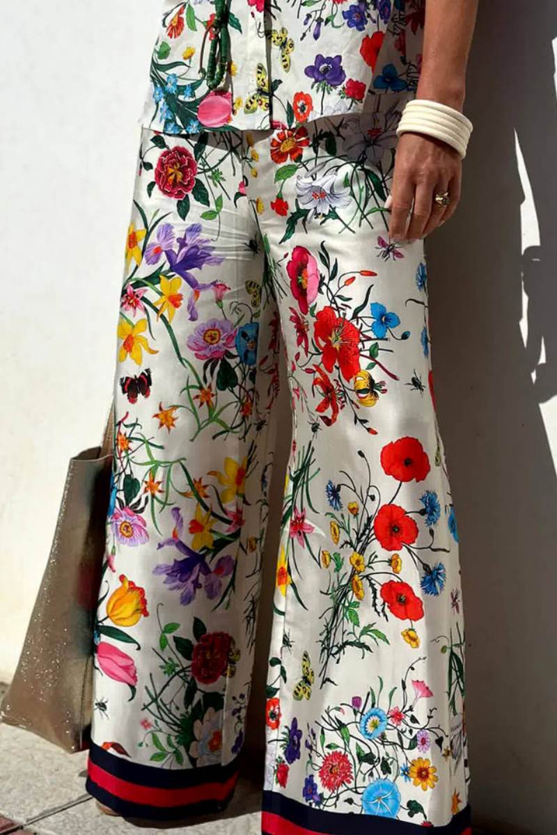 Conjunto de pantalones anchos con bolsillos y cintura elástica con estampado floral único