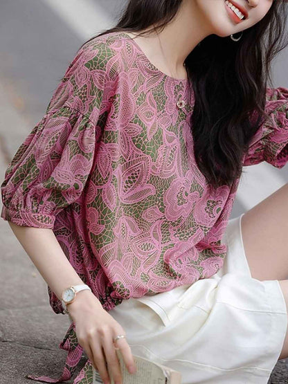 Madison Loose Crew Neck Latern Sleeve Drawstring Top