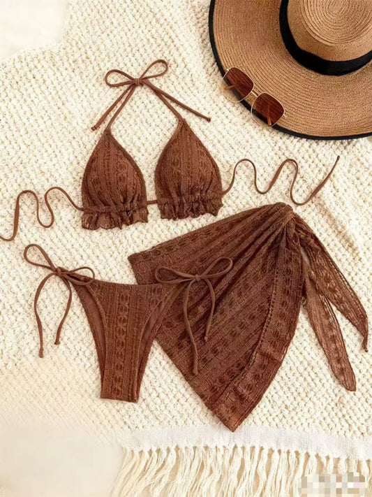 Solid Color Mesh Tie-up Bikini Three-piece Set