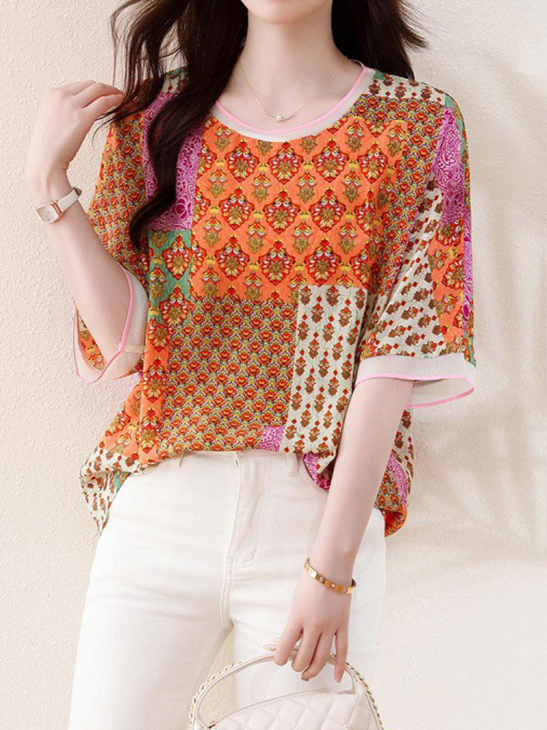 Mia Loose Crew Neck Printed Top