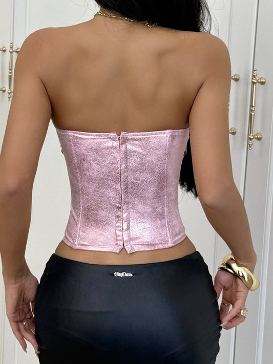 Leather Stitching Lace See-through Herringbone Buckle Backless Tube Top Tank Tops