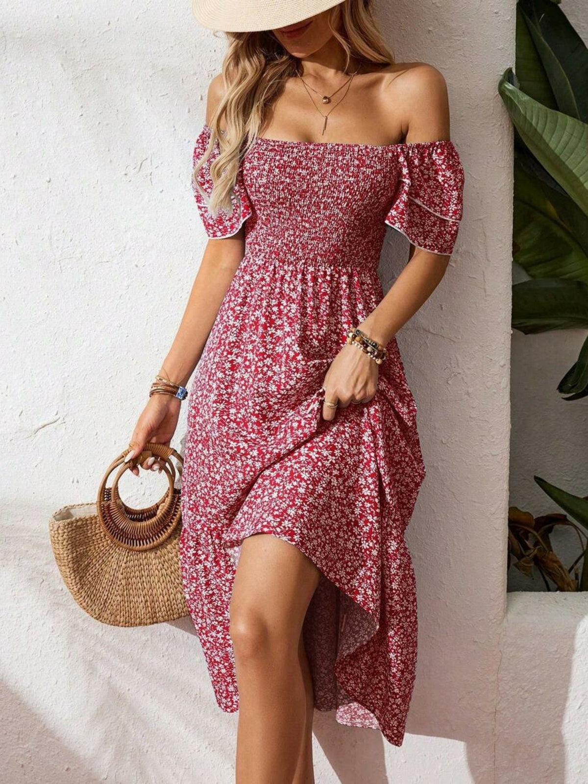 Floral Print Square Neckline And Puff Sleeves Maxi Dresses