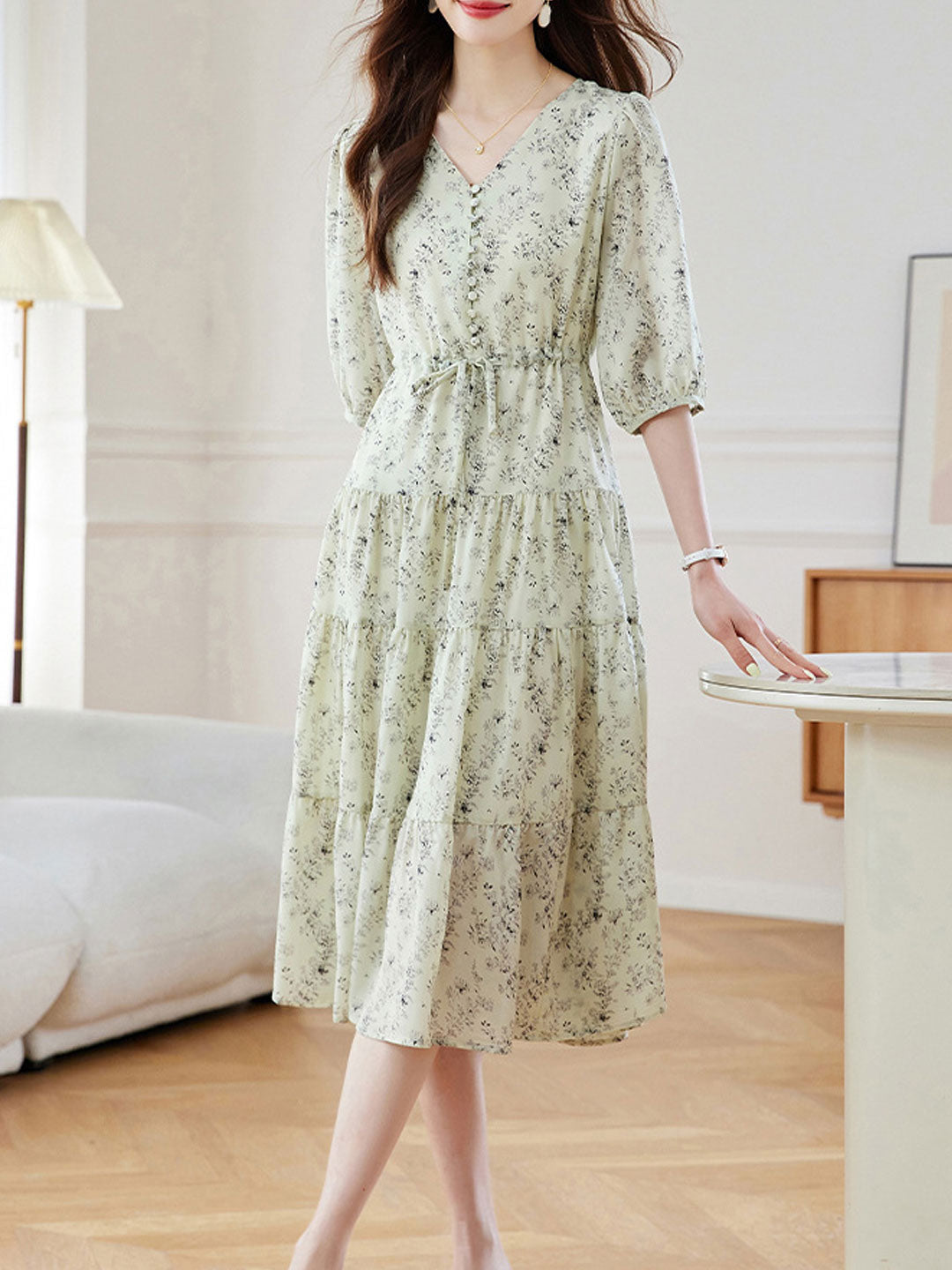Sophia Elegant V-Neck Floral Chiffon Dress