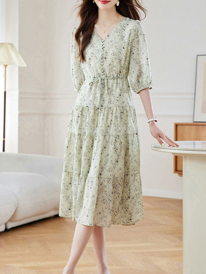 Sophia Elegant V-Neck Floral Chiffon Dress