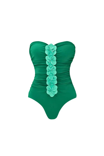 Traje de baño sin tirantes con estampado floral 3D verde