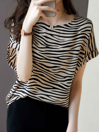 Valeria Loose Crew Neck Striped Chiffon Top