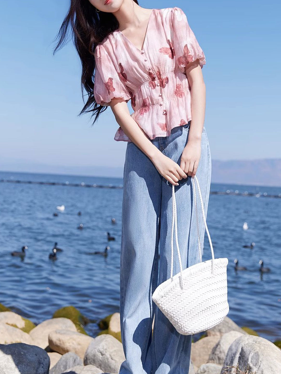 Kylie Elegant V-Neck Puff Sleeve Butterfly Printed Top