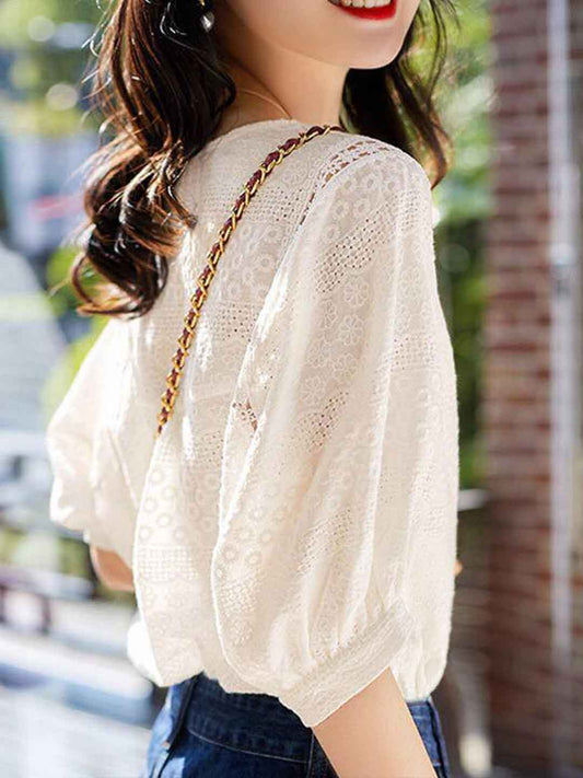 Mariah Elegant Crew Neck Puff Sleeve Hollowed Lace Top
