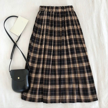Elastic Waist Solid Plaid Pleated Long Skirts