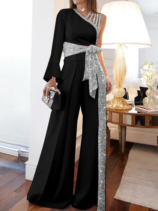 Off-shoulder Casual High-waisted Plus Size Wide-leg 2-piece Set