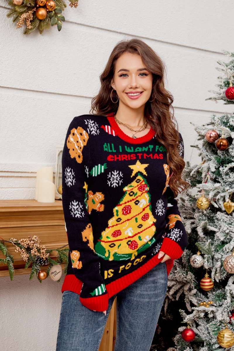 Suéter informal de cuello redondo con árbol de Navidad bordado 