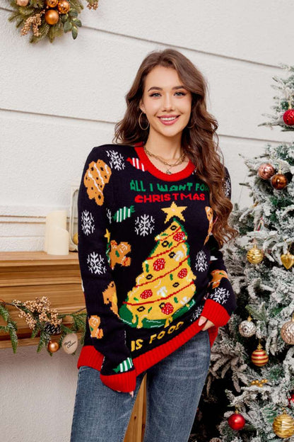 Suéter informal de cuello redondo con árbol de Navidad bordado 