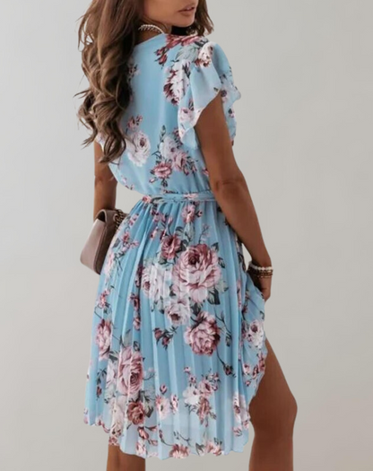 Women’s Classic Double Breasted Floral Print Midi Dress with Ruffle Sleeves | Ideal for Spring/Summer