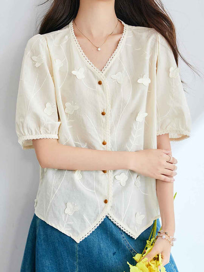 Jessica Retro V-Neck Puff Sleeve Lace Embroidered Top