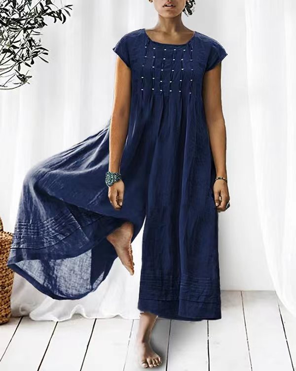 Women's Loose Wide-Leg Short Sleeve Linen One-Piece Jumpsuit with Pleated Sleeves | Ideal for Spring/Summer