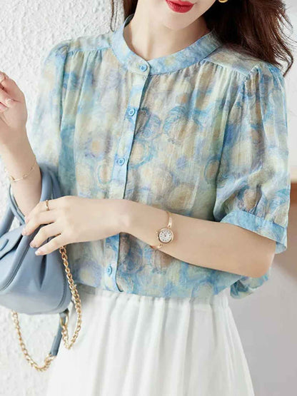 Zoe Vacation Crew Neck Lantern Sleeve Printed Top