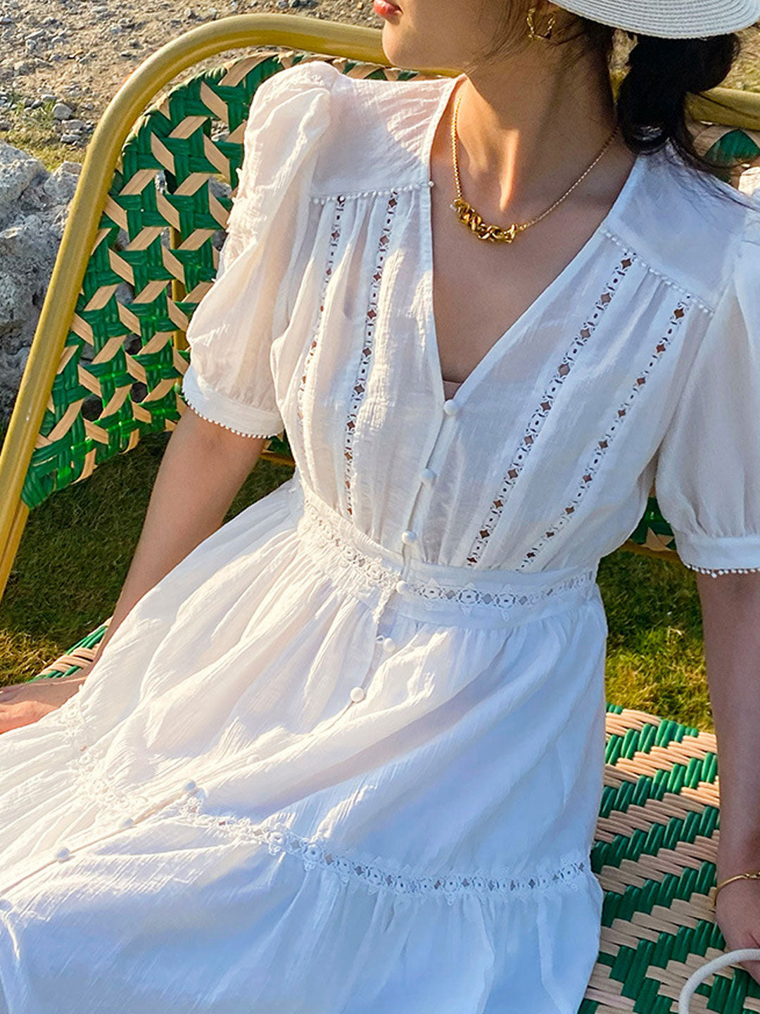 Zoey Elegant V-neck Puff Sleeve Hollowed Dress