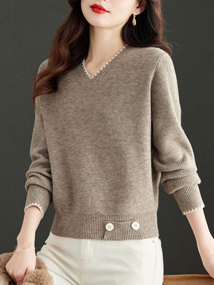 Isabella V-Neck Solid Color Knitted Sweater-Apricot