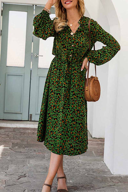 Leopard Print V-neck Elegant Midi Dress