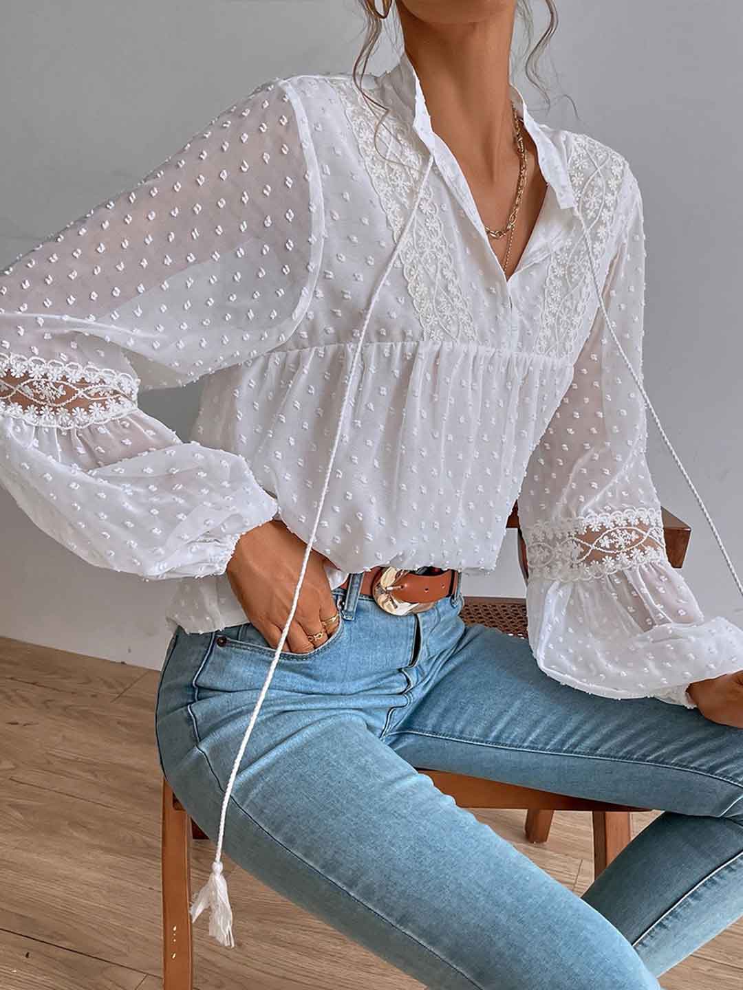 Maya Loose V-neck Polka Dot Chiffon Lace Blouse
