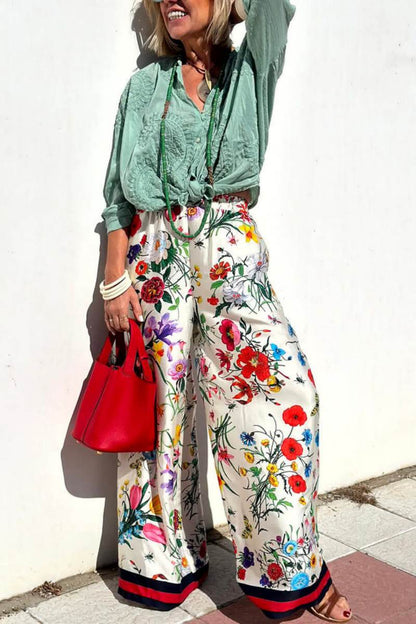 Conjunto de pantalones anchos con bolsillos y cintura elástica con estampado floral único