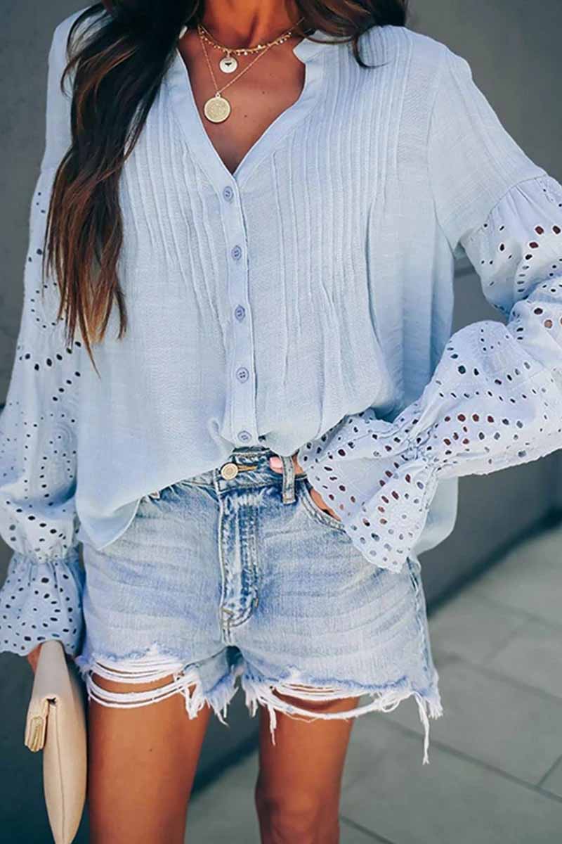 V-Neck Single Breasted Loose Flared Long Sleeves Tops