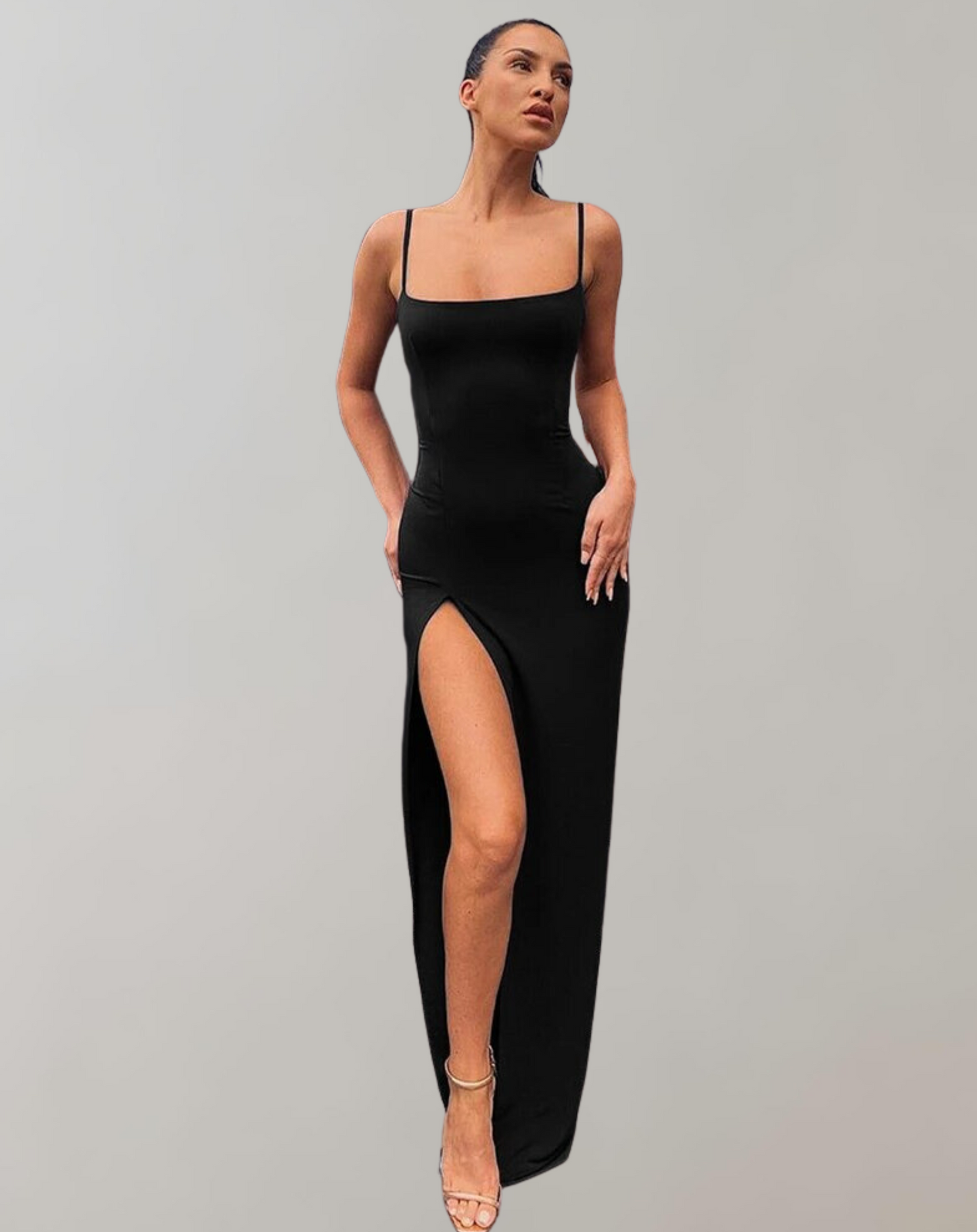 Vestido largo ajustado clásico con escote cuadrado y abertura para mujer | Ideal para primavera/verano