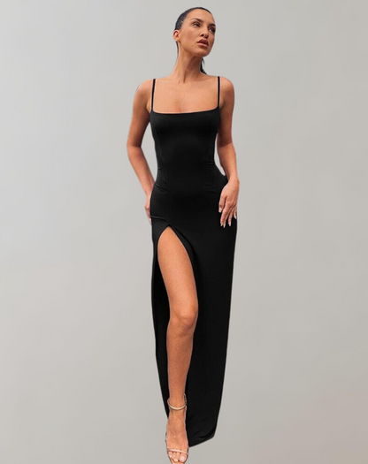 Vestido largo ajustado clásico con escote cuadrado y abertura para mujer | Ideal para primavera/verano